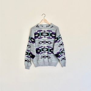 Vintage 80s Bollini Southwest Geometric Teal Purple Gray Sweater Men’s Large